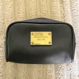 Michael Kors Black Saffiano Leather Cosmetic Pouch Gold Logo Travel Makeup Bag